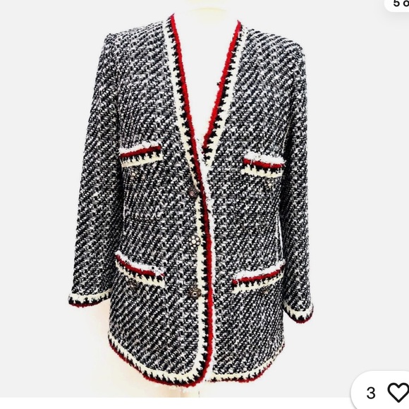 Zara Bloggers Favorite Black & White/Red Tweed Textured Lady 3 Button Blazer, S - Picture 1 of 14